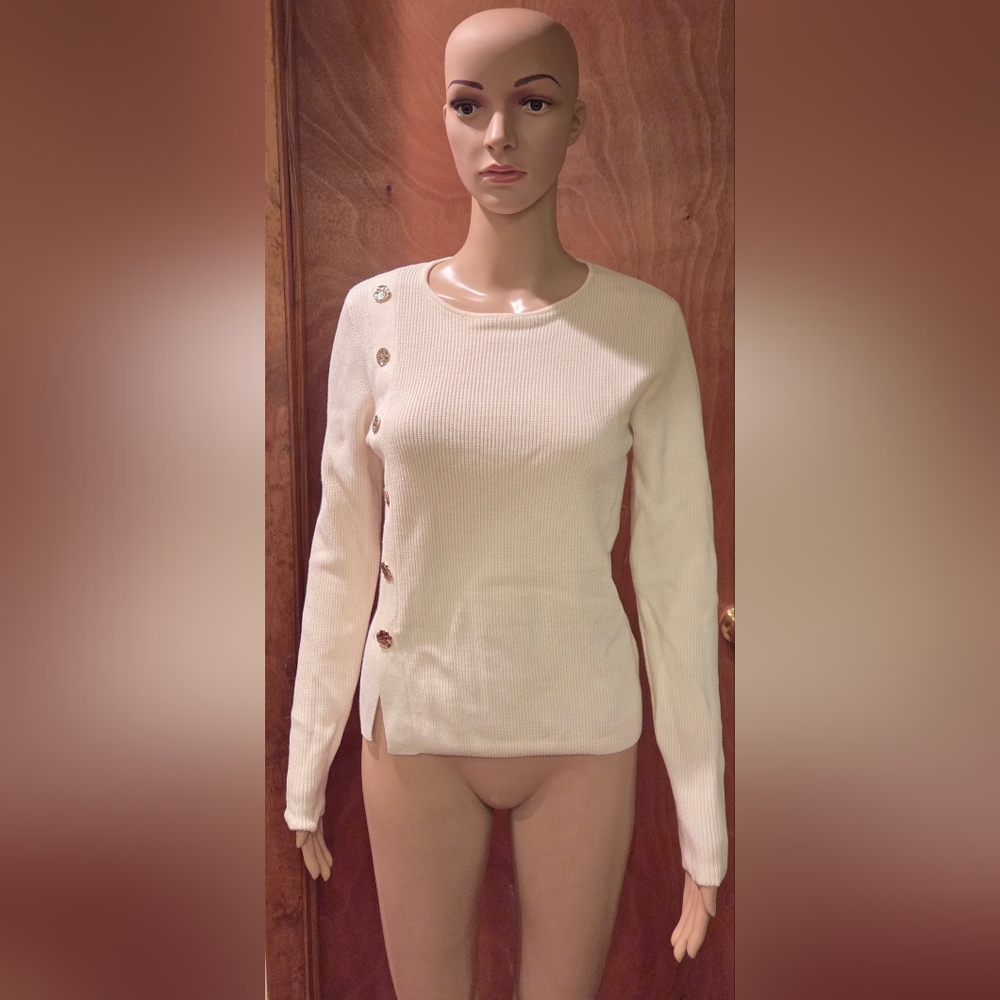 Cream Sweater with Gold Button Accents
